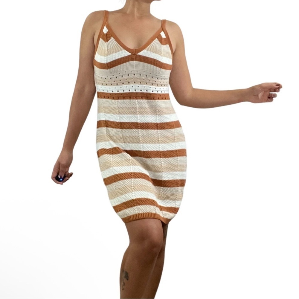 Ultra Flirt Tan and Cream Striped Midi Dress sweater knit
